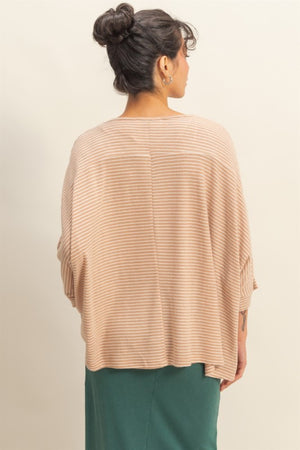 HYFVE INC. Women's Top Brushed Fabric Striped Oversized 3/4 Sleeve Top