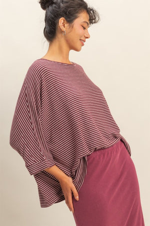 HYFVE INC. Women's Top DK CHERR / S Brushed Fabric Striped Oversized 3/4 Sleeve Top DZ25F176