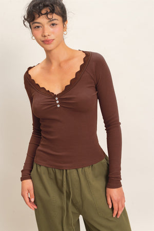 HYFVE INC. Women's Top Lace-trim Henley Top