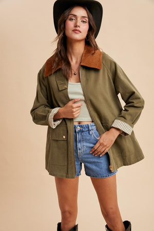 IN LOOM Women Jackets LT OLIVE / S Corduroy Collared Cotton Chore Jacket ILJ5898