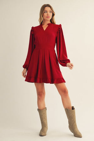 JODIFL Women's Dresses BURGUNDY / S Ruffle Detail Front Pleated Solid Dress || David's Clothing G14767