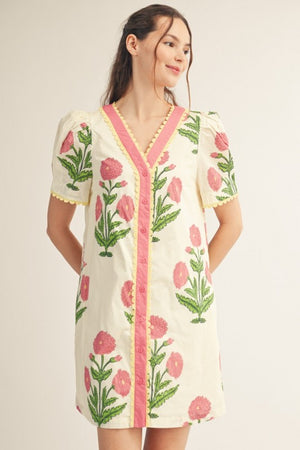 JODIFL Women's Dresses Scallop Trim Detail Button Down Floral Shift Dress