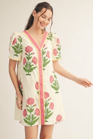 JODIFL Women's Dresses Scallop Trim Detail Button Down Floral Shift Dress