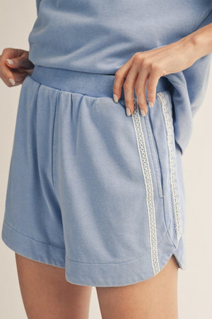 JODIFL Women's Set Lace Accent Washed Top & Shorts Sets