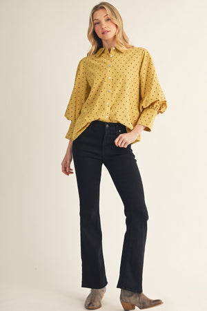 JODIFL Women's Top Bishop Sleeves Button Down Polka Dot Top