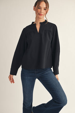 JODIFL Women's Top BLACK / S Sleeve Pleat Detail Crinkled Solid Top G14973