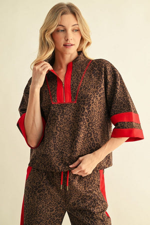 JODIFL Women's Top Contrast Detail Faux Suede Leopard Zip-Up Top