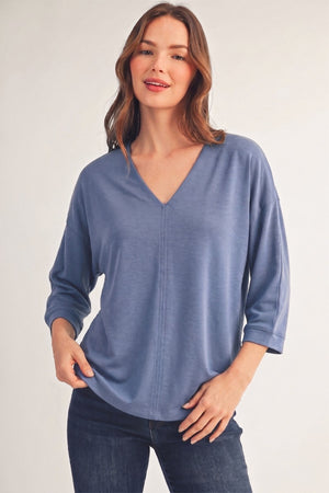 JODIFL Women's Top DENIM / S Soft Textured V-Neck Top | David's Clothing G15341
