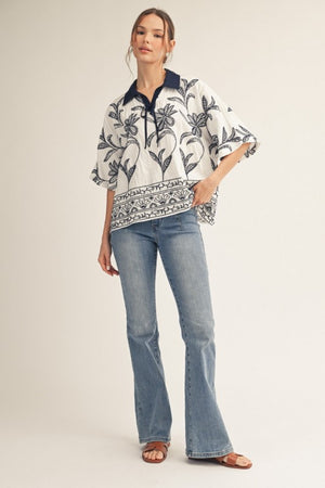 JODIFL Women's Top Drop Shoulder Embroidered Top