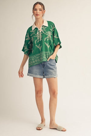 JODIFL Women's Top Drop Shoulder Embroidered Top