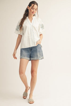 JODIFL Women's Top Embroidery Detail Woven Solid Top