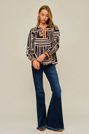JODIFL Women's Top Geo Print Long Sleeve Top