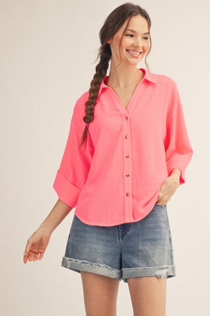 JODIFL Women's Top NEON PIN / S Pleat Back Detail Button Down Crinkle Top H12541