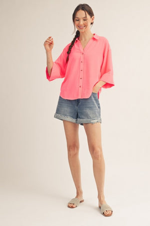 JODIFL Women's Top Pleat Back Detail Button Down Crinkle Top