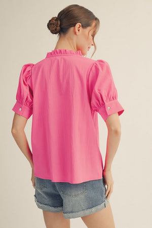 JODIFL Women's Top Puff Shoulder Ruffled Neckline Crinkle Solid Top