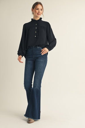 JODIFL Women's Top Ruffle Accent Texture Fabric Top