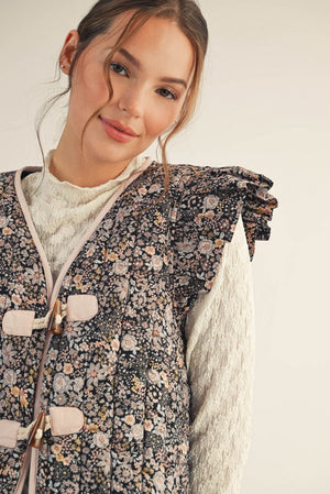 JODIFL Women's Top Ruffle Cap Sleeves Floral Quilted Vest