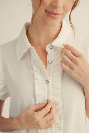 JODIFL Women's Top Ruffle Detail Button Down Crinkled Solid Top