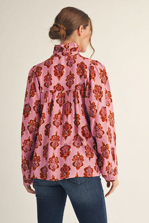 JODIFL Women's Top Ruffled High Neck Damask Print Top || David's Clothing