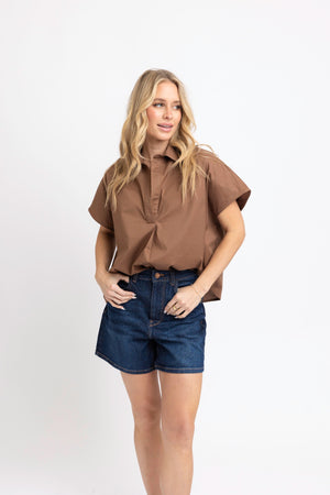 KARLIE CLOTHES Women's Top Karlie Solid Poplin Collar Vneck Top