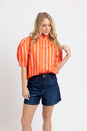 KARLIE CLOTHES Women's Top Karlie Stripe Button Up Ruffle Neck Top