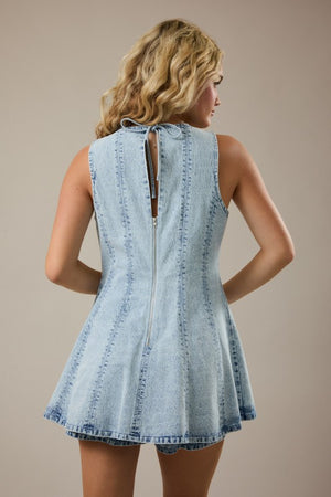 LELIS COLLECTION Women's Romper Round Neck Sleeveless Flare Denim Romper