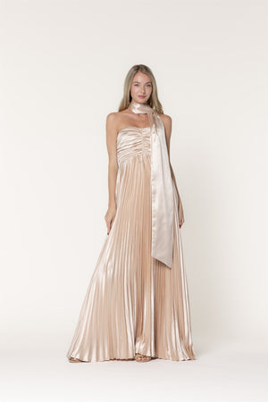 LENA Women's Dresses CHAMPAGNE / S Scarf Detail Pleated Satin Sweetheart Neckline Maxi D8465