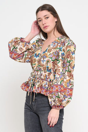 MEET ME IN SANTORINI Women's Top Regal Tapestry Long Sleeve Blouse || David's Clothing