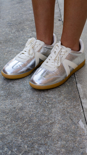 MIA SHOES Women's Shoes MIA Womens Klair Lace Up Metallic Sneakers Shoes Casual - Silver, White