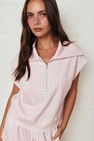 PAPER MOON Women's Set Gingham Quarter Zip Sleeveless Set