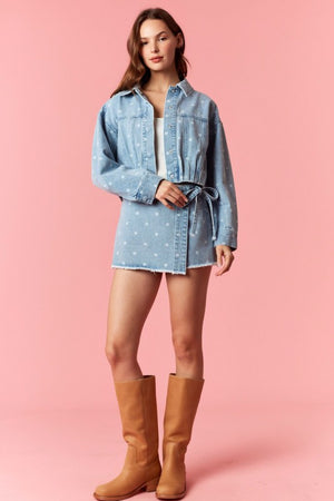 PEACH LOVE Women Jackets Polka Dot Washed Denim Bubble Pleat Hem Jacket