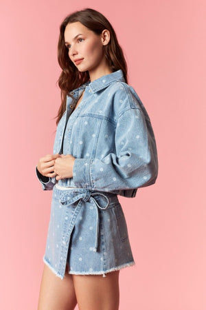PEACH LOVE Women Jackets Polka Dot Washed Denim Bubble Pleat Hem Jacket