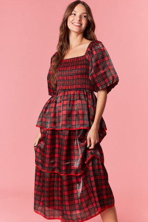 PEACH LOVE Women's Dresses Christmas Plaid Silky Organza Tiered Midi Dress