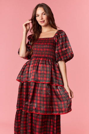 PEACH LOVE Women's Dresses Christmas Plaid Silky Organza Tiered Midi Dress