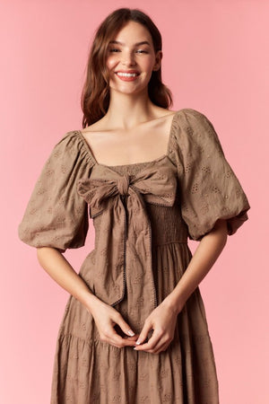 PEACH LOVE Women's Dresses Ditsy Eyelet Smocked Bow Front Bubble Sleeve Dress