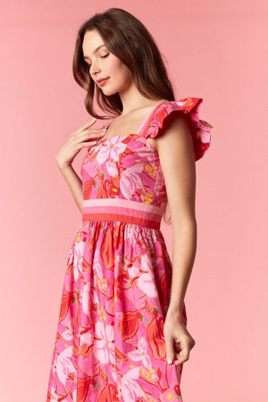 PEACH LOVE Women's Dresses Floral Print 3-color Band Ruffle Sleeve Midi Dress