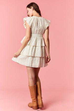 PEACH LOVE Women's Dresses Polka Dot Puff Sleeve V-neck Bow Mini Dress