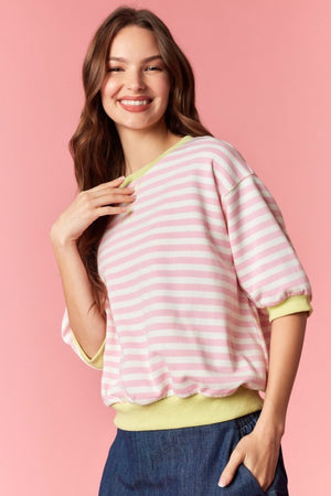 PEACH LOVE Women's Dresses Stripe French Terry Short Sleeve Semi Crop Top