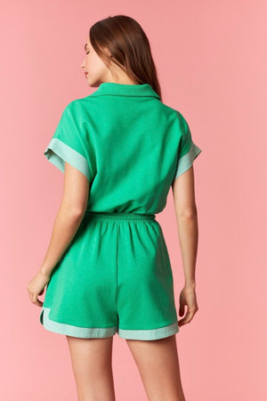 PEACH LOVE Women's Romper French Terry Stripe Band Zip-up Romper