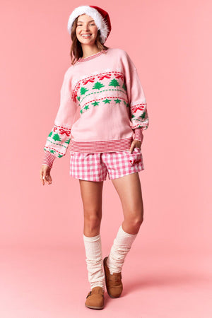 PEACH LOVE Women's Sweaters Christmas Tree & Bow Prints Multi Color Rib Sweater