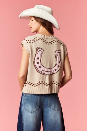 PEACH LOVE Women's Sweaters Horse And Horseshoe Detailed Knit Vest Cardigan