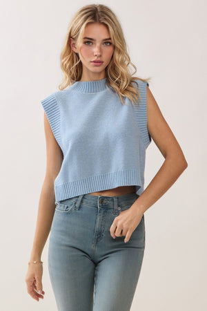 PRETTY FOLLIES Women's Sweaters BABY BLU / S Soft Knit Ribbed Edges Detail Open Back Vest CW2611