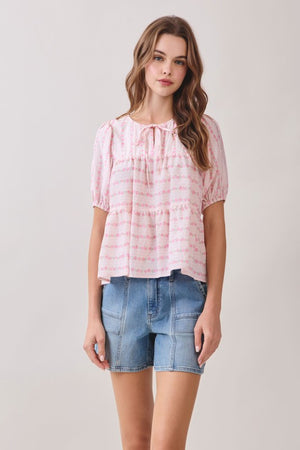 PRETTY FOLLIES Women's Top Floral Print Front Tie Neckline Peplum Hem Top