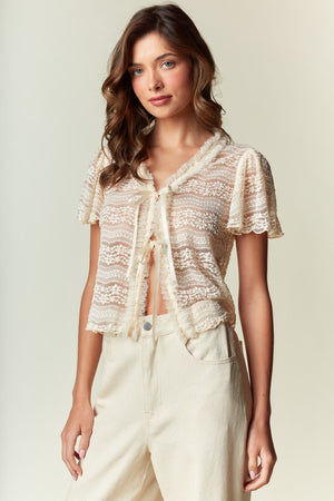 RARERAW Women's Top Soft Lace Tie-front Blouse