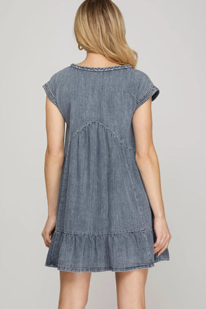 SHE AND SKY Women's Dresses Drop Shoulder Braided Detail Denim Mini Dress With Pockets