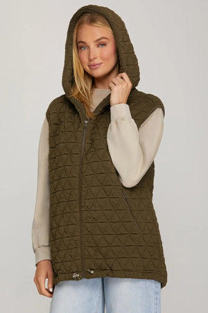 SHE AND SKY Women's Outerwear Zip Up Hooded Quilt Vest With Front Pocket And Drawstring Hem