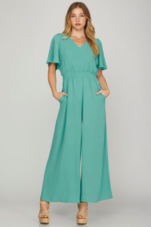 SHE AND SKY Women's Pants AQUA OCN / S Flounce Sleeve Waist Smock Wide Leg Woven Jumpsuit || David's Clothing SY6389