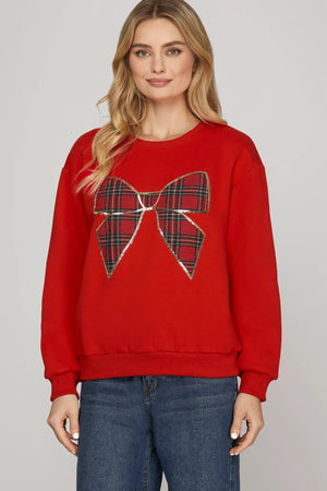 SHE AND SKY Women's Sweaters Long Sleeve Christmas Plaid Bow Knit Top
