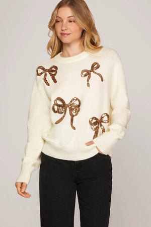 SHE AND SKY Women's Sweaters OFFWHITE / S Long Sleeve Sequin Ribbon Sweater Top SY8012