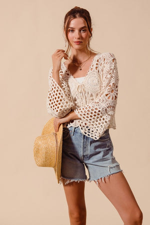 SO ME Women's Cardigans Floral Pattern Crochet Knit Tie Front Crop Cardigan